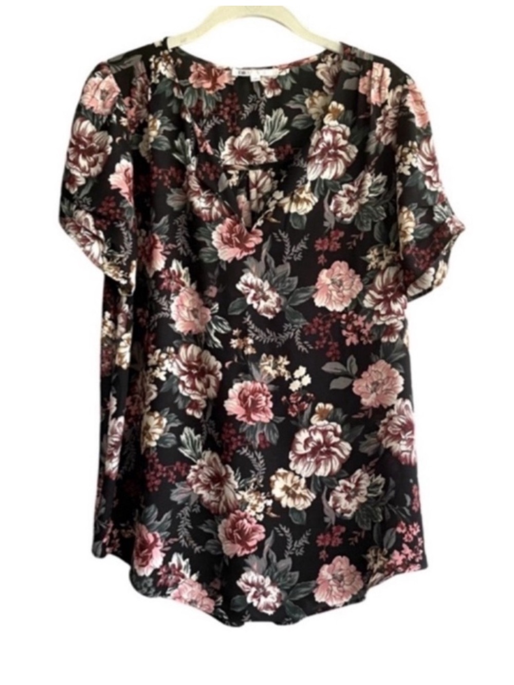 DR2 Short Sleeve Floral Blouse Longer Length Black Gray Pink Size M